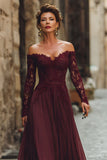 Cabernet A-Line Off The Shoulder Long Mother Of The Bride Dress with Lace Appliques