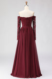 Cabernet A-Line Off The Shoulder Long Mother Of The Bride Dress with Lace Appliques