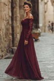 Cabernet A-Line Off The Shoulder Long Mother Of The Bride Dress with Lace Appliques