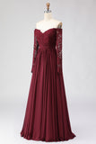 Cabernet A-Line Off The Shoulder Long Mother Of The Bride Dress with Lace Appliques