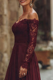 Cabernet A-Line Off The Shoulder Long Mother Of The Bride Dress with Lace Appliques