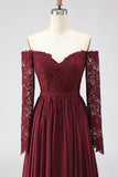 Cabernet A-Line Off The Shoulder Long Mother Of The Bride Dress with Lace Appliques