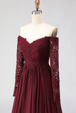 Cabernet A-Line Off The Shoulder Long Mother Of The Bride Dress with Lace Appliques