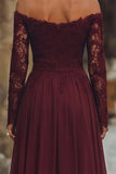 Cabernet A-Line Off The Shoulder Long Mother Of The Bride Dress with Lace Appliques