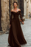 Cabernet A-Line Off The Shoulder Long Mother Of The Bride Dress with Lace Appliques