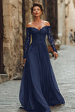 Cabernet A-Line Off The Shoulder Long Mother Of The Bride Dress with Lace Appliques