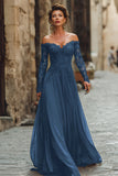 Cabernet A-Line Off The Shoulder Long Mother Of The Bride Dress with Lace Appliques