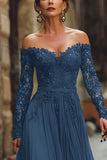 Cabernet A-Line Off The Shoulder Long Mother Of The Bride Dress with Lace Appliques