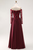 Cabernet A-Line Lace Off The Shoulder Mother Of The Bride Dress with Long Sleeves