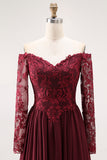Cabernet A-Line Lace Off The Shoulder Mother Of The Bride Dress with Long Sleeves