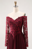 Cabernet A-Line Lace Off The Shoulder Mother Of The Bride Dress with Long Sleeves