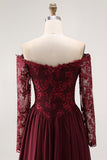 Cabernet A-Line Lace Off The Shoulder Mother Of The Bride Dress with Long Sleeves