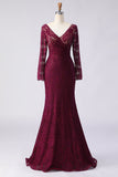 Cabernet Mermaid V Neck Lace Mother of the Bride Dress with Long Sleeves