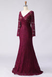Cabernet Mermaid V Neck Lace Mother of the Bride Dress with Long Sleeves