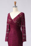 Cabernet Mermaid V Neck Lace Mother of the Bride Dress with Long Sleeves