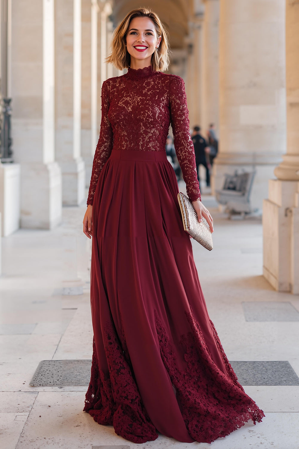 WEDTREND Women Burgundy Mother Of Bride Dress Lace A-Line High Neck Long Sleeves Ruched Formal Dress WEDTREND Women Burgundy Mother Of Bride Dress Lace A-Line High Neck Long Sleeves Ruched Formal Dress