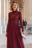 Burgundy Lace A-Line High Neck Ruched Mother Of Bride Dress