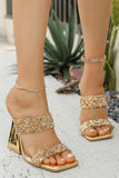 Gold Rhinestone Embellished Block Heel Sandals