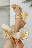 Gold Rhinestone Embellished Block Heel Sandals