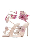 Beaded Pink Flowers Strappy High Heeled Sandals