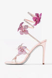 Beaded Pink Flowers Strappy High Heeled Sandals