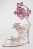 Beaded Pink Flowers Strappy High Heeled Sandals