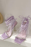 Fuchsia Strappy Stiletto Beaded High Heel Sadnals With Feather