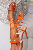 Strappy Orange Beaded Stiletto High Heel Sandals With Butterflies