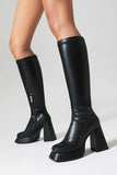 Sleek Black High-Heel Knee-High Boots with Chunky Block Heel and Side Zipper