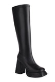 Sleek Black High-Heel Knee-High Boots with Chunky Block Heel and Side Zipper