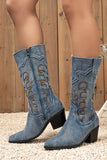 Denim Embroidered Mid-Calf Cowboy Boots