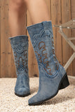 Denim Embroidered Mid-Calf Cowboy Boots