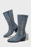 Denim Embroidered Mid-Calf Cowboy Boots