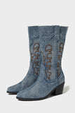 Denim Embroidered Mid-Calf Cowboy Boots