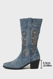 Denim Embroidered Mid-Calf Cowboy Boots