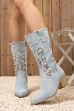 Denim Embroidered Mid-Calf Cowboy Boots