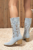Denim Embroidered Mid-Calf Cowboy Boots