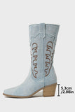 Denim Embroidered Mid-Calf Cowboy Boots