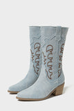 Denim Embroidered Mid-Calf Cowboy Boots