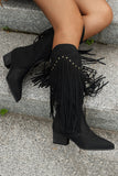 Black Fringe Studded Mid-Calf Cowboy Boots