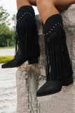 Black Fringe Studded Mid-Calf Cowboy Boots