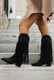 Black Fringe Studded Mid-Calf Cowboy Boots