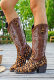 Brown Leopard Pointed Toe Chunky Heel Boots