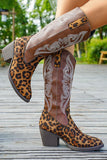 Brown Leopard Pointed Toe Chunky Heel Boots