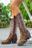Brown Leopard Pointed Toe Chunky Heel Boots
