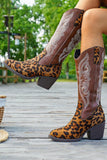 Brown Leopard Pointed Toe Chunky Heel Boots
