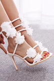 White Flower Ankle Strap Stiletto High Heel Wedding Shoes