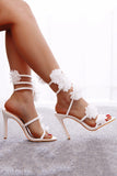 White Flower Ankle Strap Stiletto High Heel Wedding Shoes