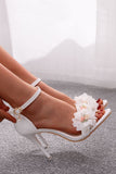 White Floral Embellished Ankle Strap Stiletto Wedding Sandals
