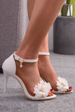 White Floral Embellished Ankle Strap Stiletto Wedding Sandals